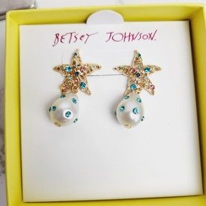 Betsey Johnson Starfish Gold Pearl and Blue Drop Earrings